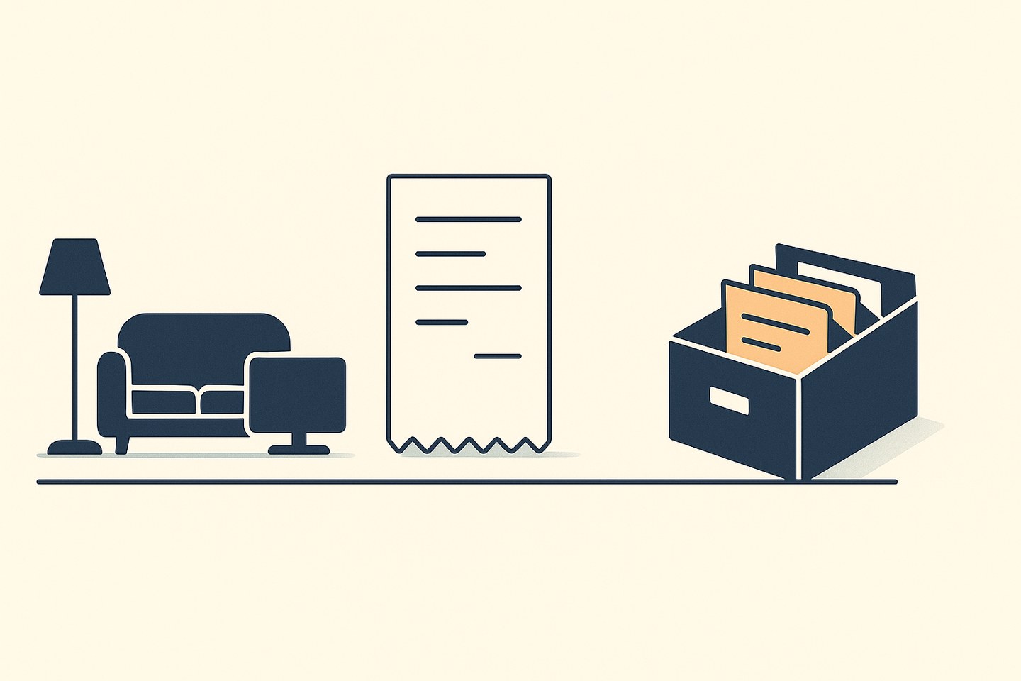 Household possessions on the left, a receipt in the middle, and a filing box of documents on the right.